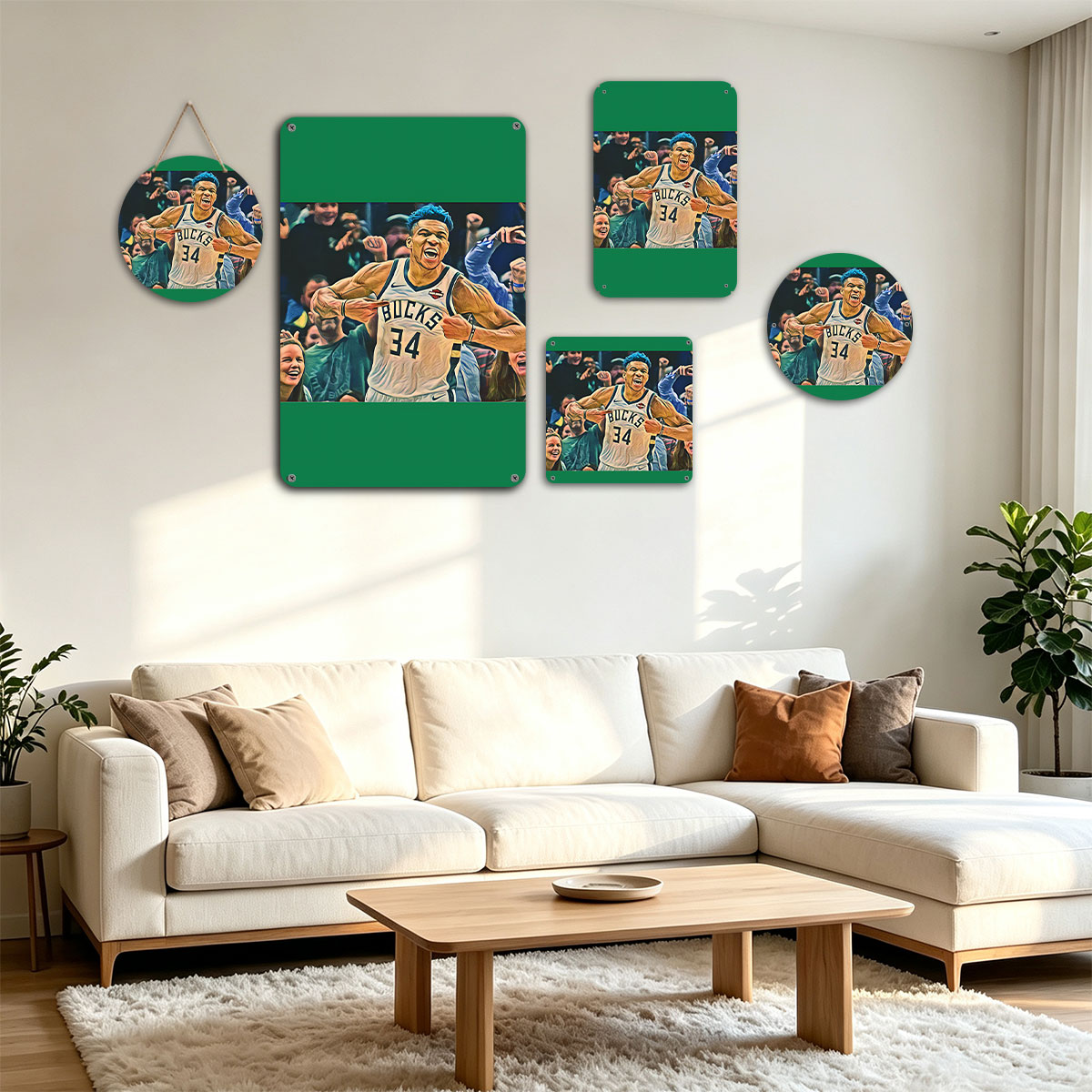 Giannis Antetokounmpo of the Milwaukee Bucks celebrates in front of cheering fans. - painting