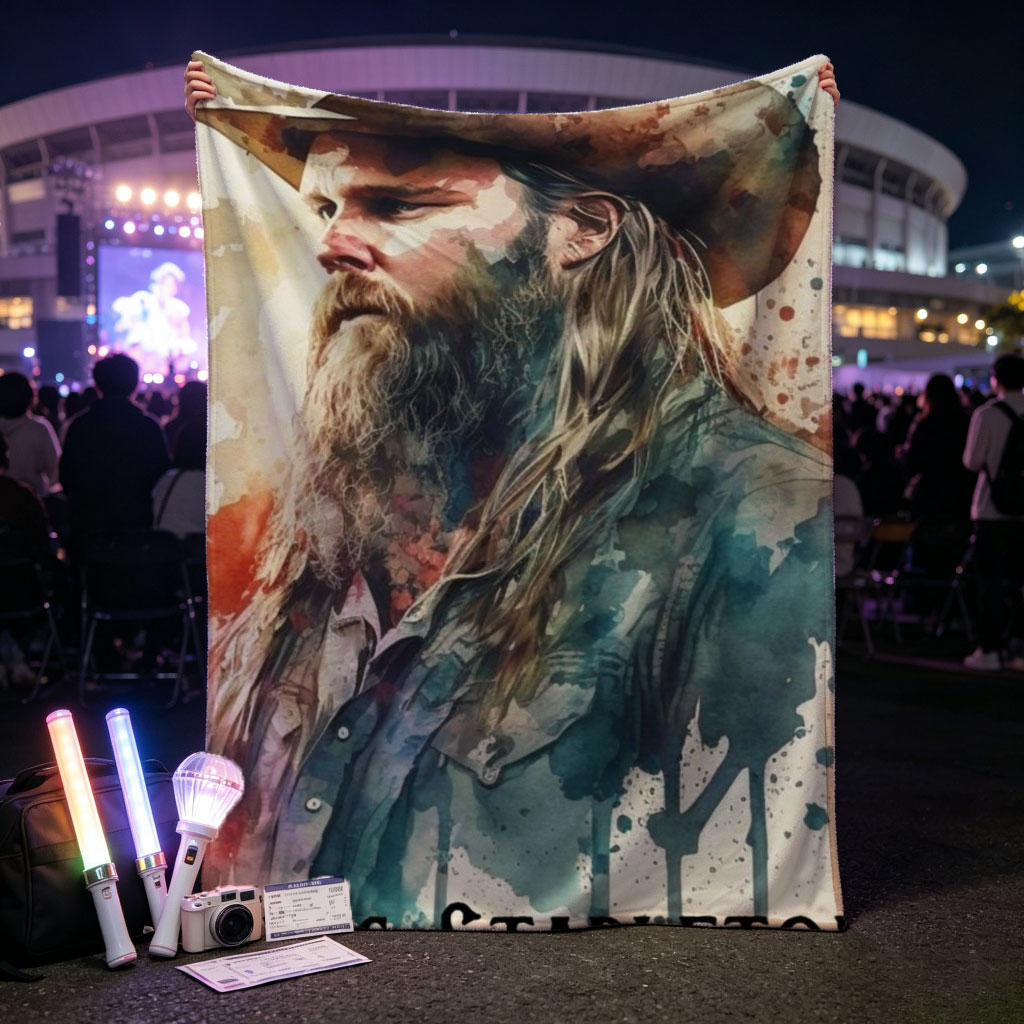 Chris Stapleton in a Watercolor Portrait with Cowboy Hat and Long Beard - Blankets