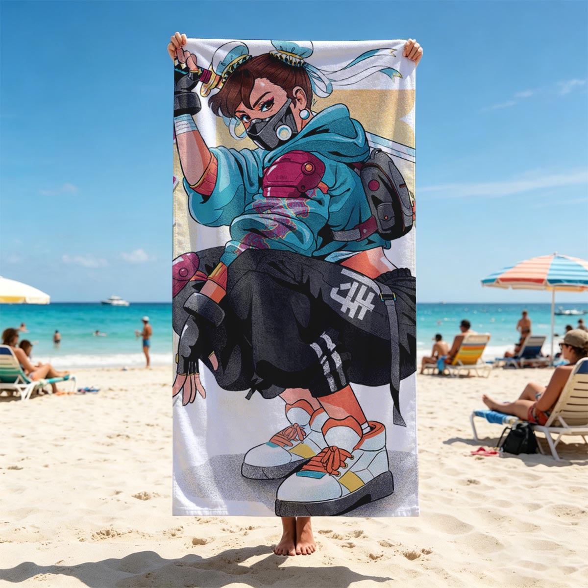 Street Fighter Character in Urban Combat Gear with Katana and Mask - Beach towels