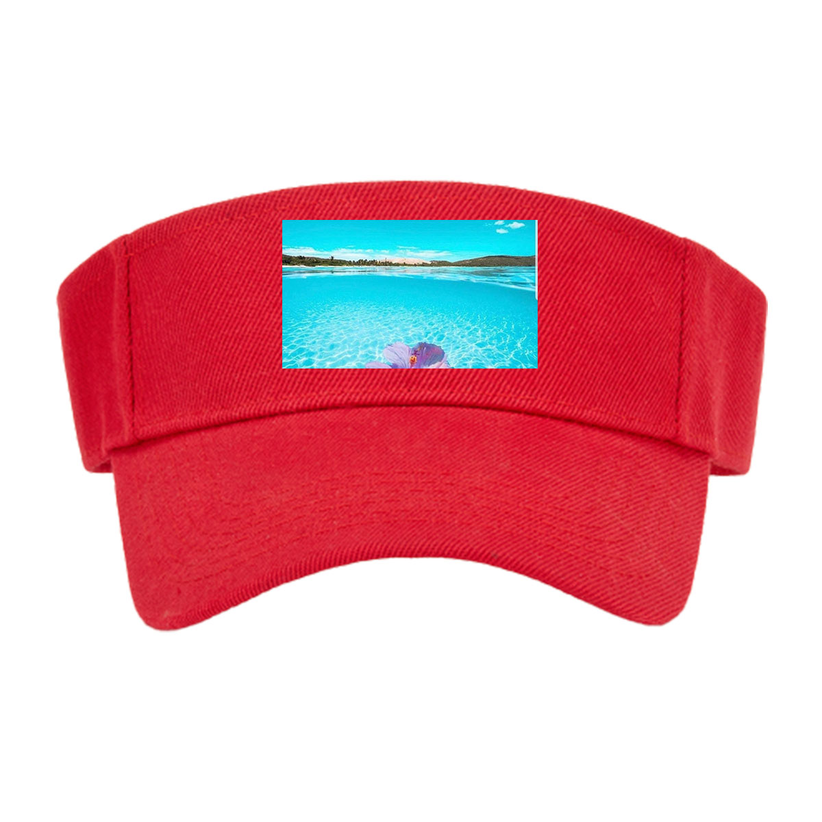 Hand holding a pink hibiscus flower over crystal-clear turquoise water under a bright blue sky. -  Visor cap