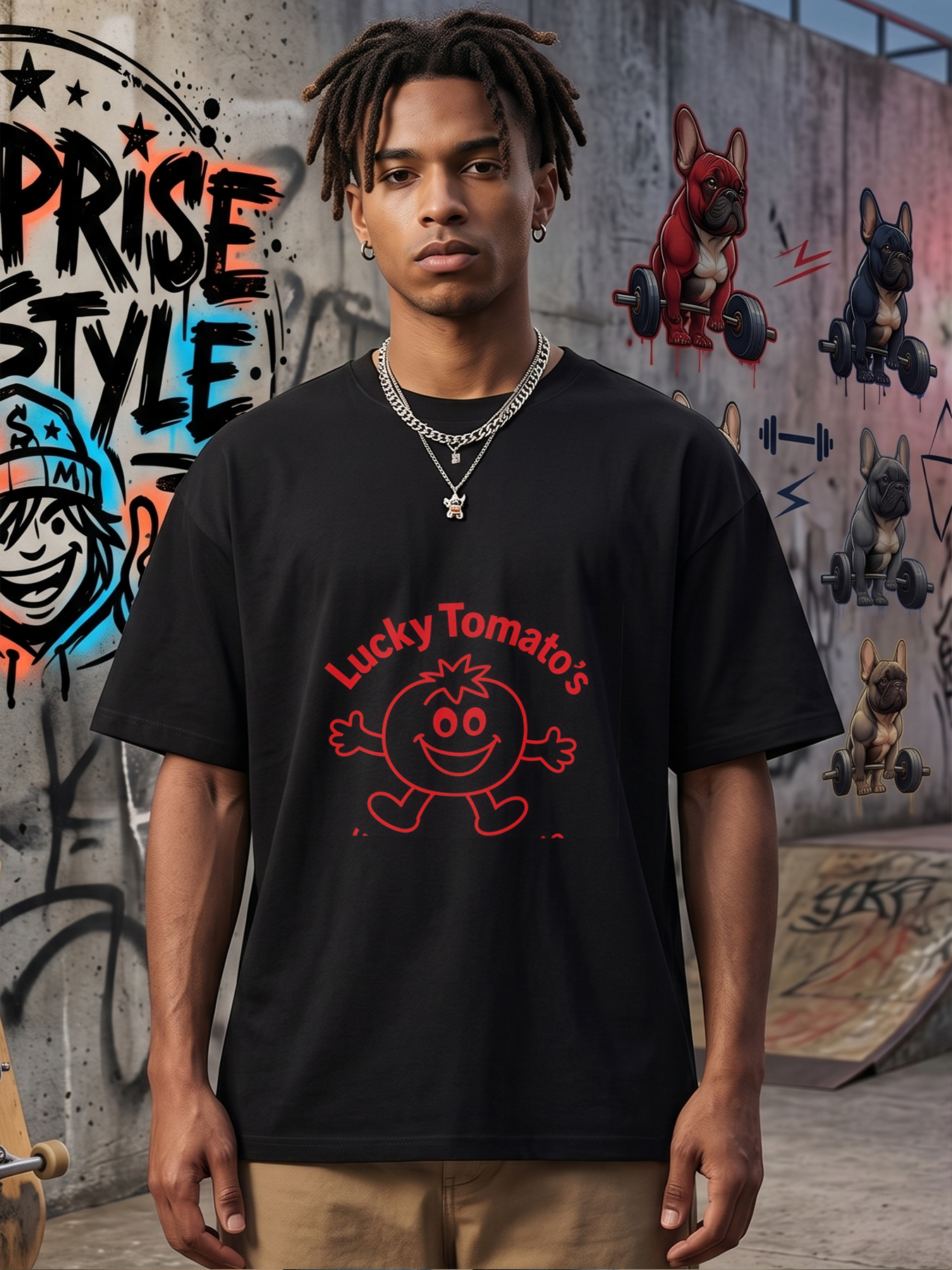 Men's Lucky Tomato's Cartoon Print T-Shirt Casual Round Neck Summer Lightweight Breathable Short Sleeve Tee for Daily Wear and Outdoor Activities Adults