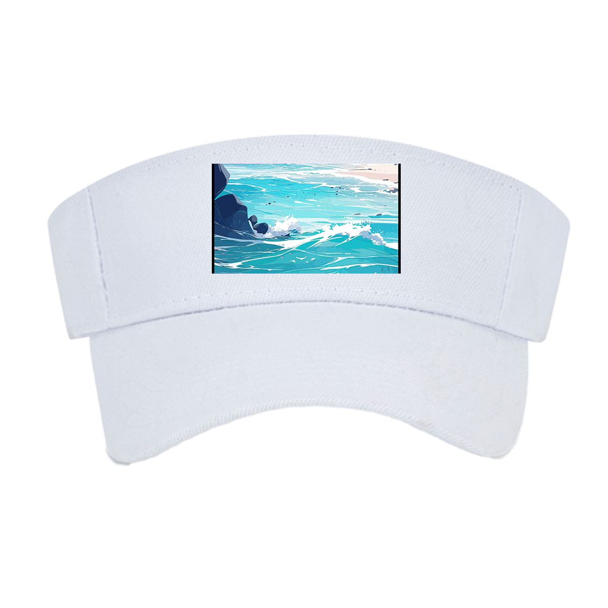 Turquoise waves crash on a rocky beach with distant city skyline and lush green hills under a bright sky. -  Visor cap
