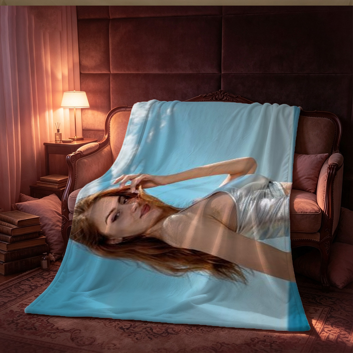 Redhead in Tommy Hilfiger Lingerie Squatting on Mountain Rock - Blanket