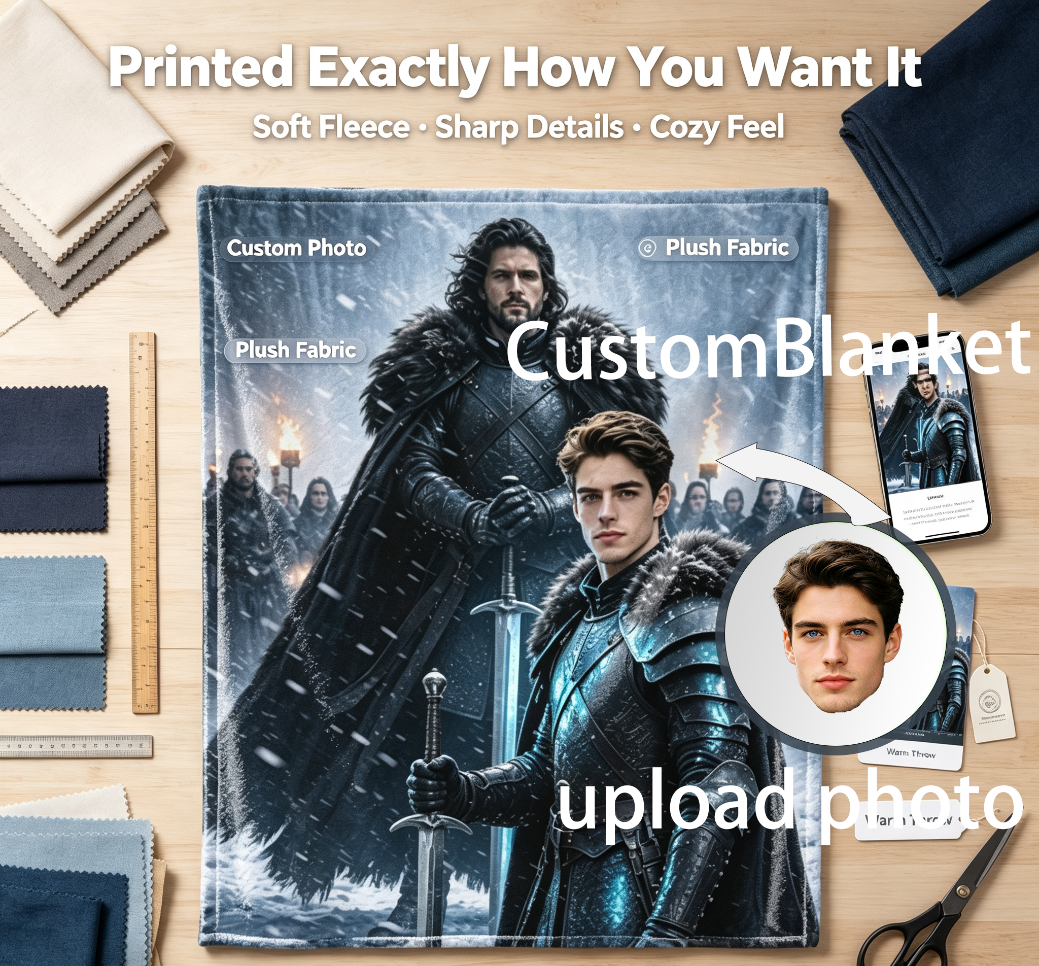 Custom Face Blanket Game of Thrones Jon Snow and Young Warrior Flannel Blanket Cozy Winter Bedding Gift for Fans and Collectors