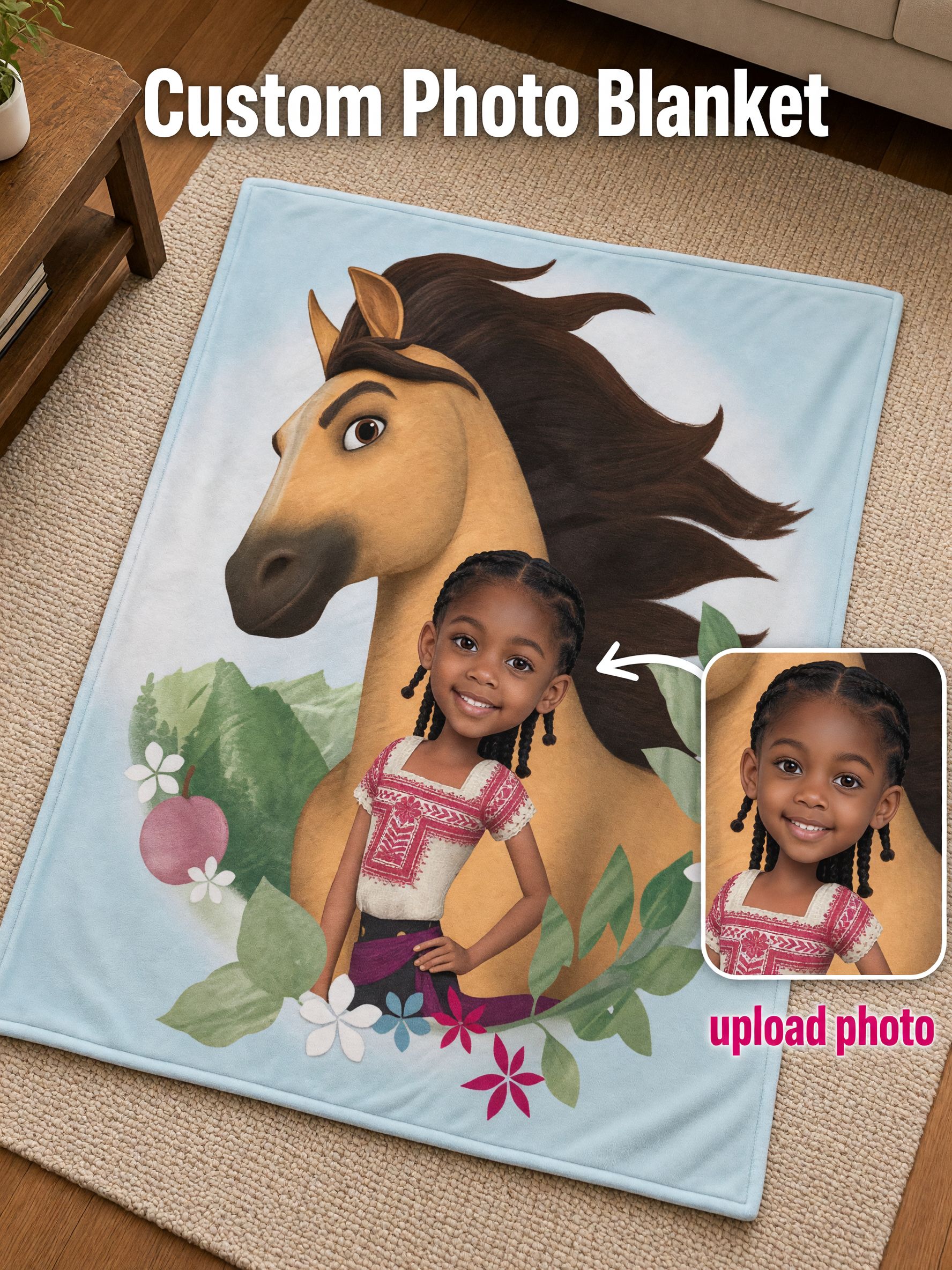 Custom Face Photo Blanket Personalized Flannel Throw with Wild Horse Graphic, Soft Cozy Bed Cover Gift