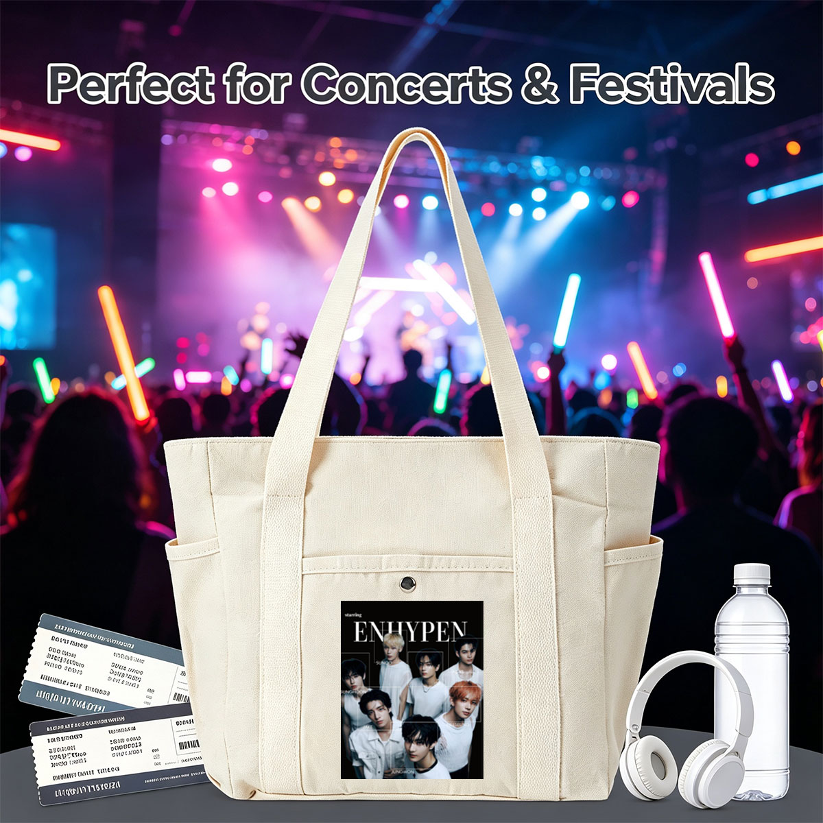 ENHYPEN in a striking black-and-white group portrait featuring all members in minimalist white outfits with individual name labels against a dark background - Multi-pocket bags