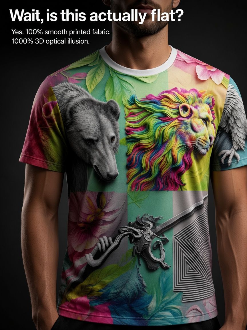 Rainbow Lion Wildlife 3D Optical Illusion Graphic Tee Breathable Athletic Mesh T-Shirt for Casual and Sports Wear