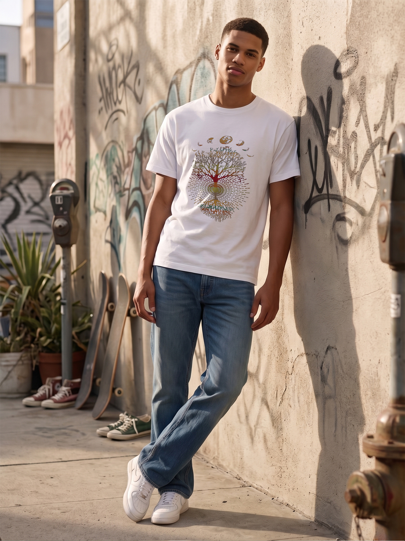 Men's Printed T-Shirt Tree of Life with Moon Phases Graphic Casual Round Neck Summer Lightweight Breathable Short Sleeve Tee for Nature Lovers and Spiritual Seekers