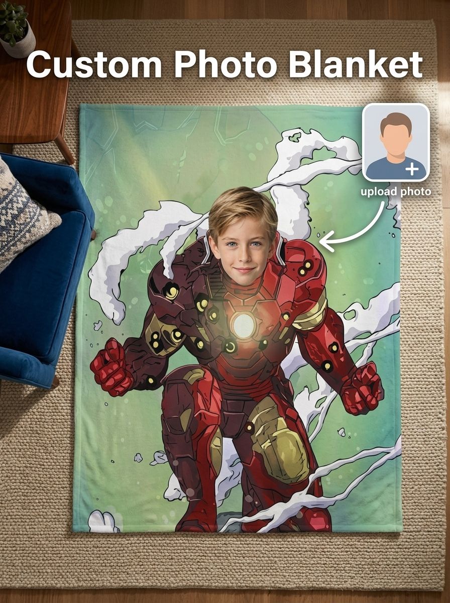 Personalized Photo Superhero Flannel Fleece Blanket Custom Face Soft Throw for Kids and Adults Unique Keepsake Gift