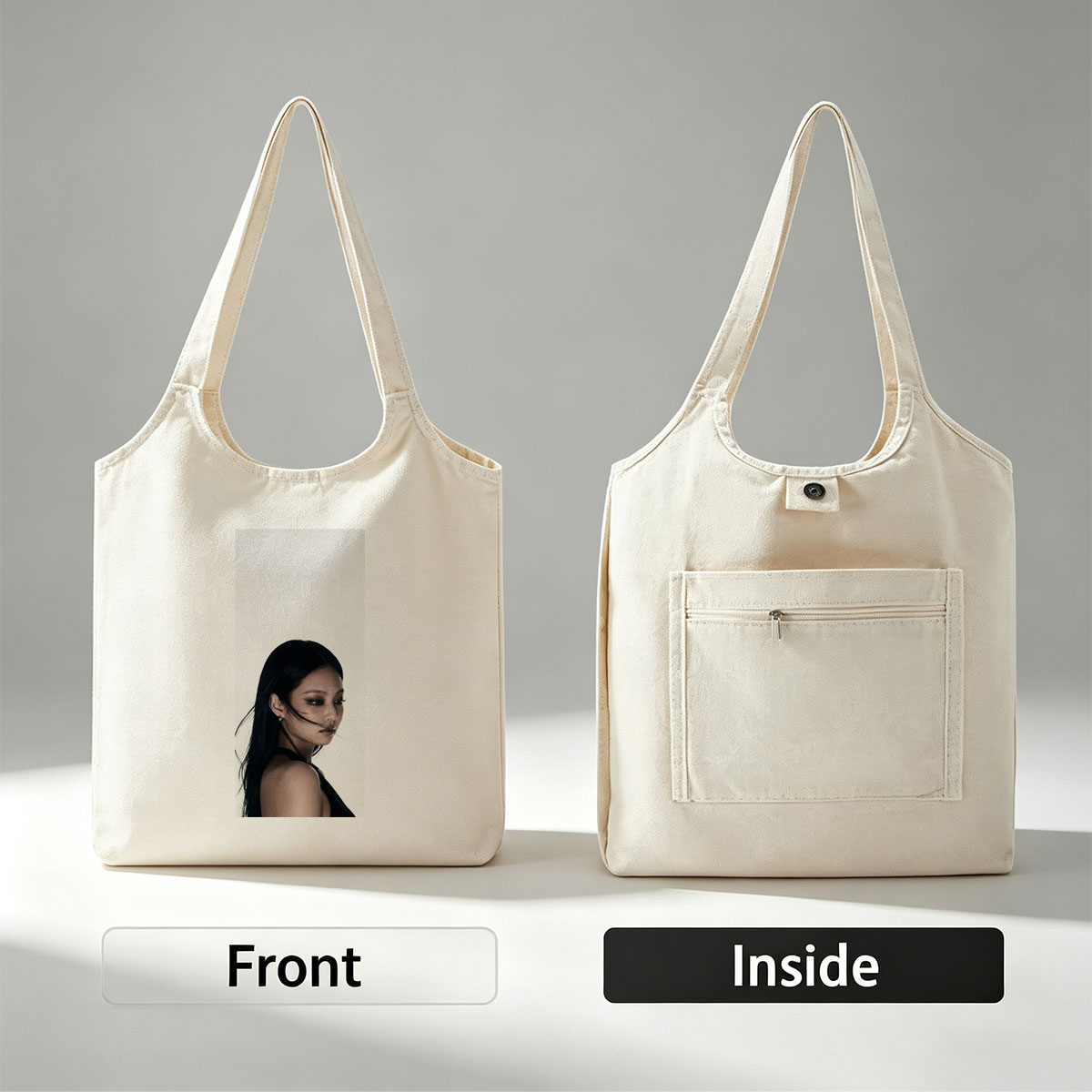 Jennie Blackpink Portrait Close-Up with Long Dark Hair and Elegant Makeup - Canvas shoulder bags/