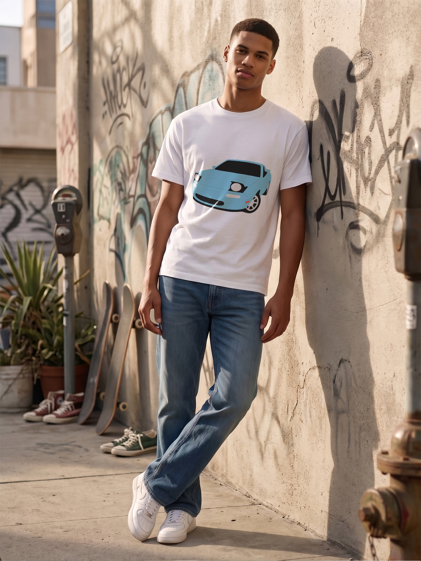 Men's Printed T-Shirt with Blue Sports Car Graphic Design Casual Round Neck Lightweight Breathable Summer Short Sleeve T-Shirt for Car Enthusiasts and Automotive Fans