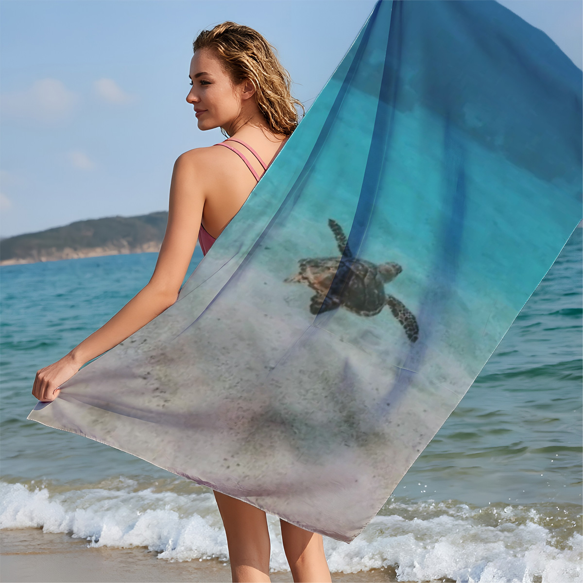 Sea turtle swimming in clear blue water over sandy ocean floor - Beach towels
