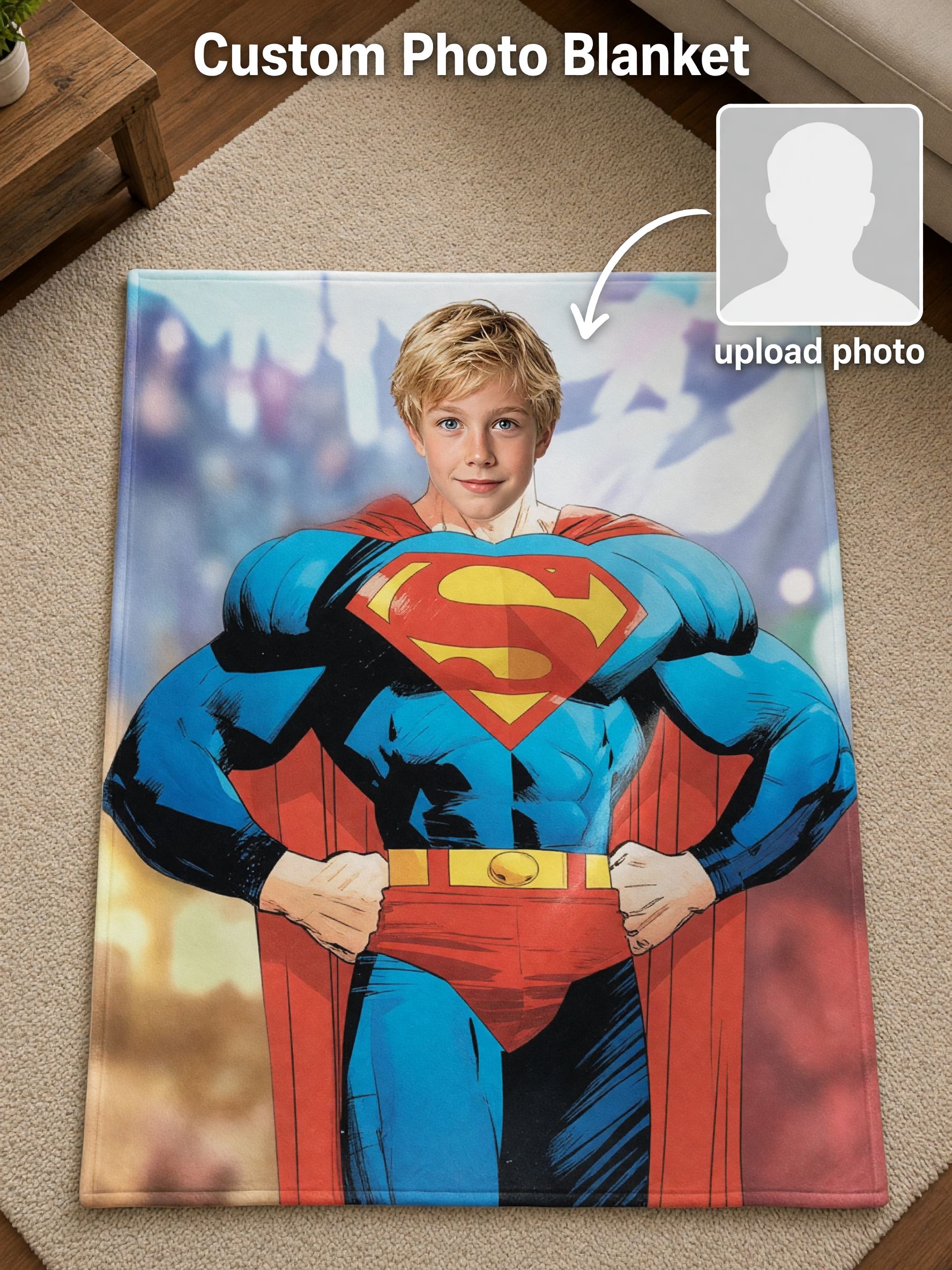 Custom Photo Superhero Flannel Blanket, Personalized Face Plush Throw, Cozy Warm Keepsake Gift for Kids and Family