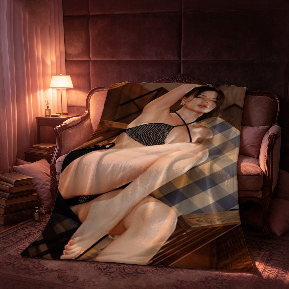 Nude Asian Woman with Chinese Calligraphy Body Writing Holding Certificate in Library Setting - Blanket