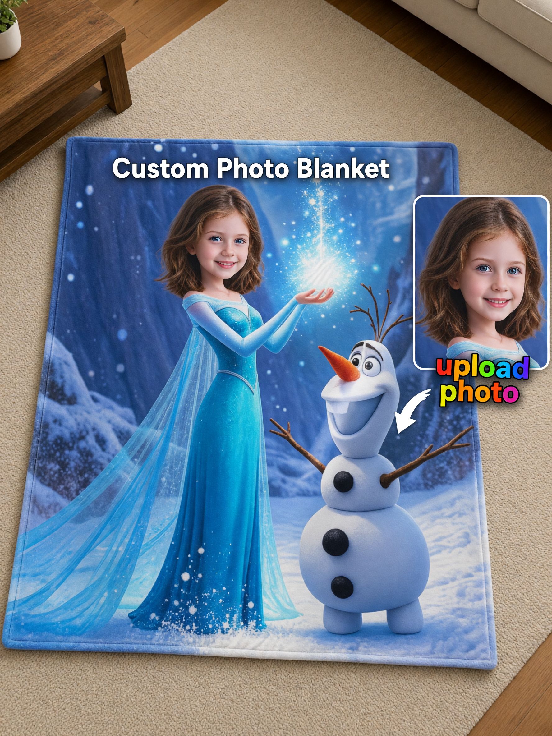 Custom Photo Ice Princess Blanket, Ultra Soft Flannel Throw with Snowman, Ideal Personalized Gift for Kids and Girls