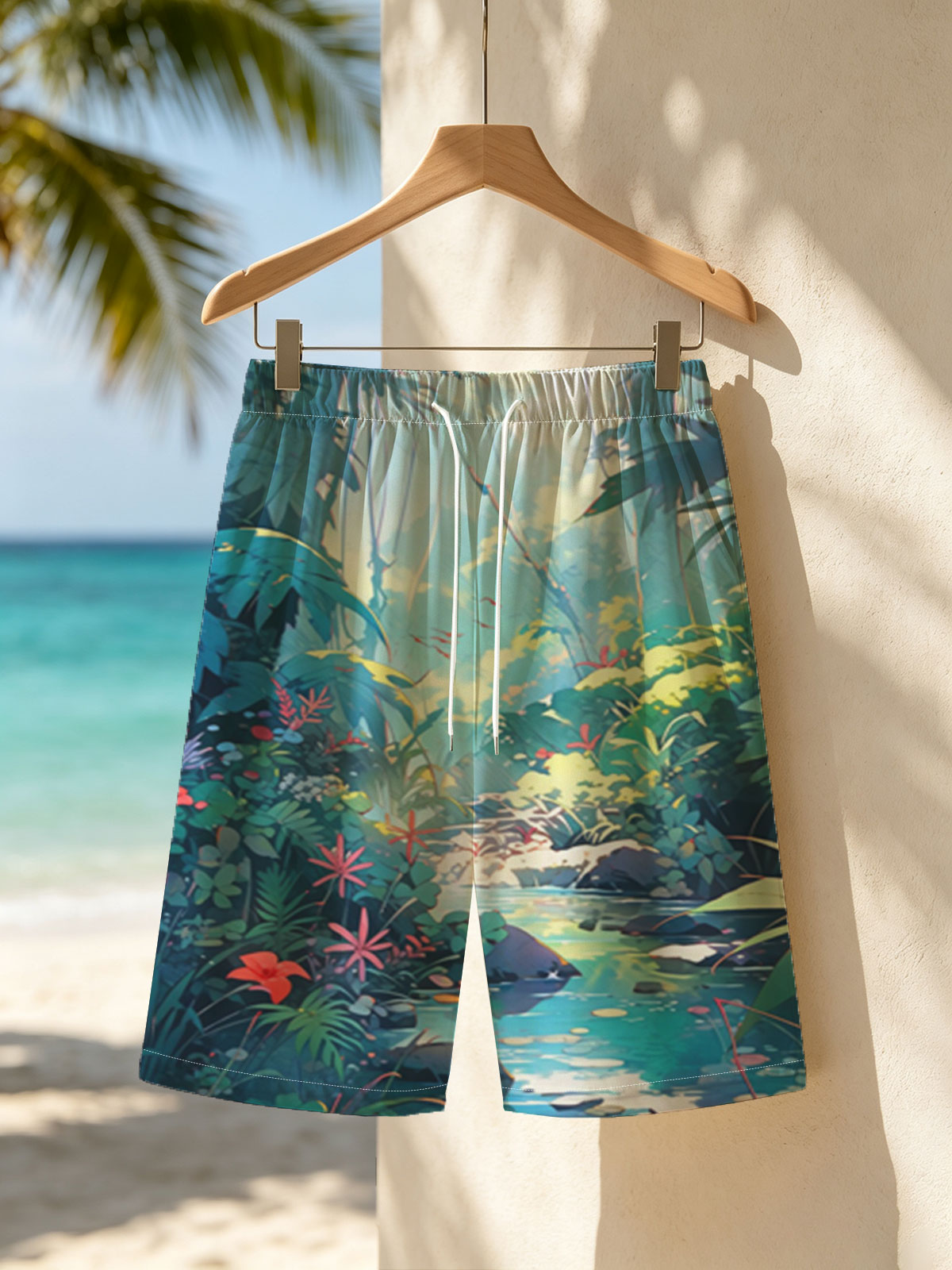 Lush Jungle Stream with Vibrant Flowers and Dappled Light -  Beach shorts