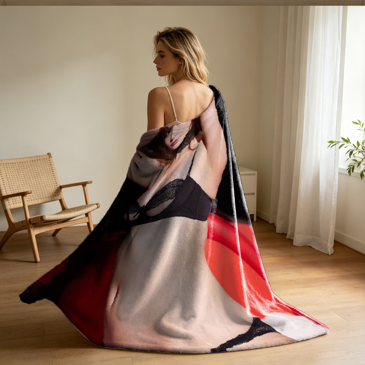 Sheer Cape Nude in White Heels, Bathroom Doorway - Blanket