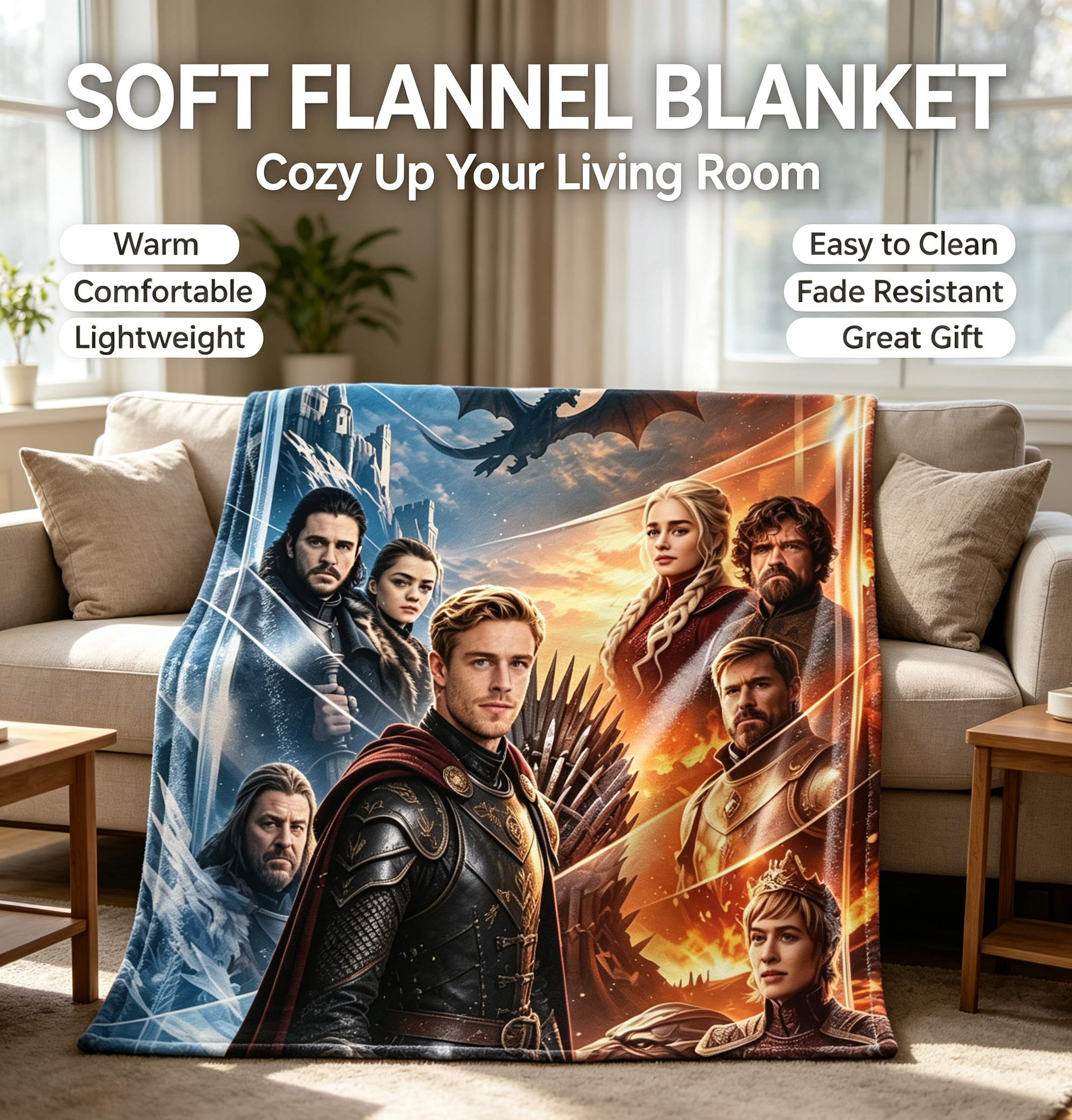 Custom Face Blanket Game of Thrones Characters Flannel Blanket Cozy Living Room Bedding Gift for Fans and Collectors