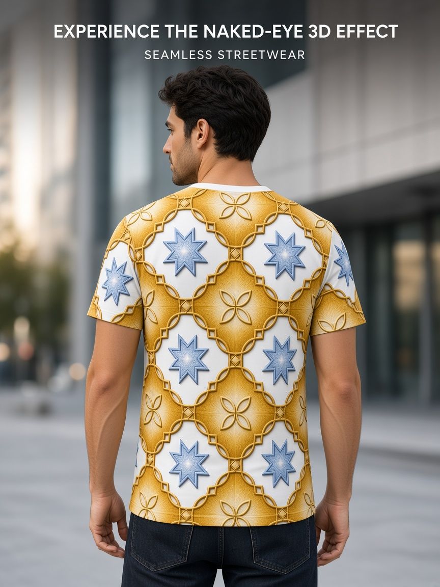 Gold Geometric Tile 3D Optical Illusion Graphic Tee Breathable Athletic Mesh T-Shirt for Casual and Sports Wear