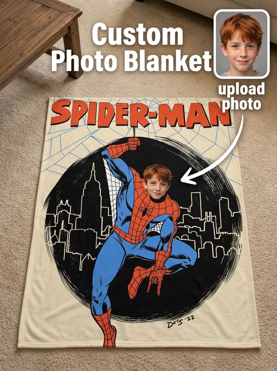 Personalized Face Photo Superhero Flannel Fleece Blanket Custom Comic Character Throw for Kids Cozy Birthday Gift
