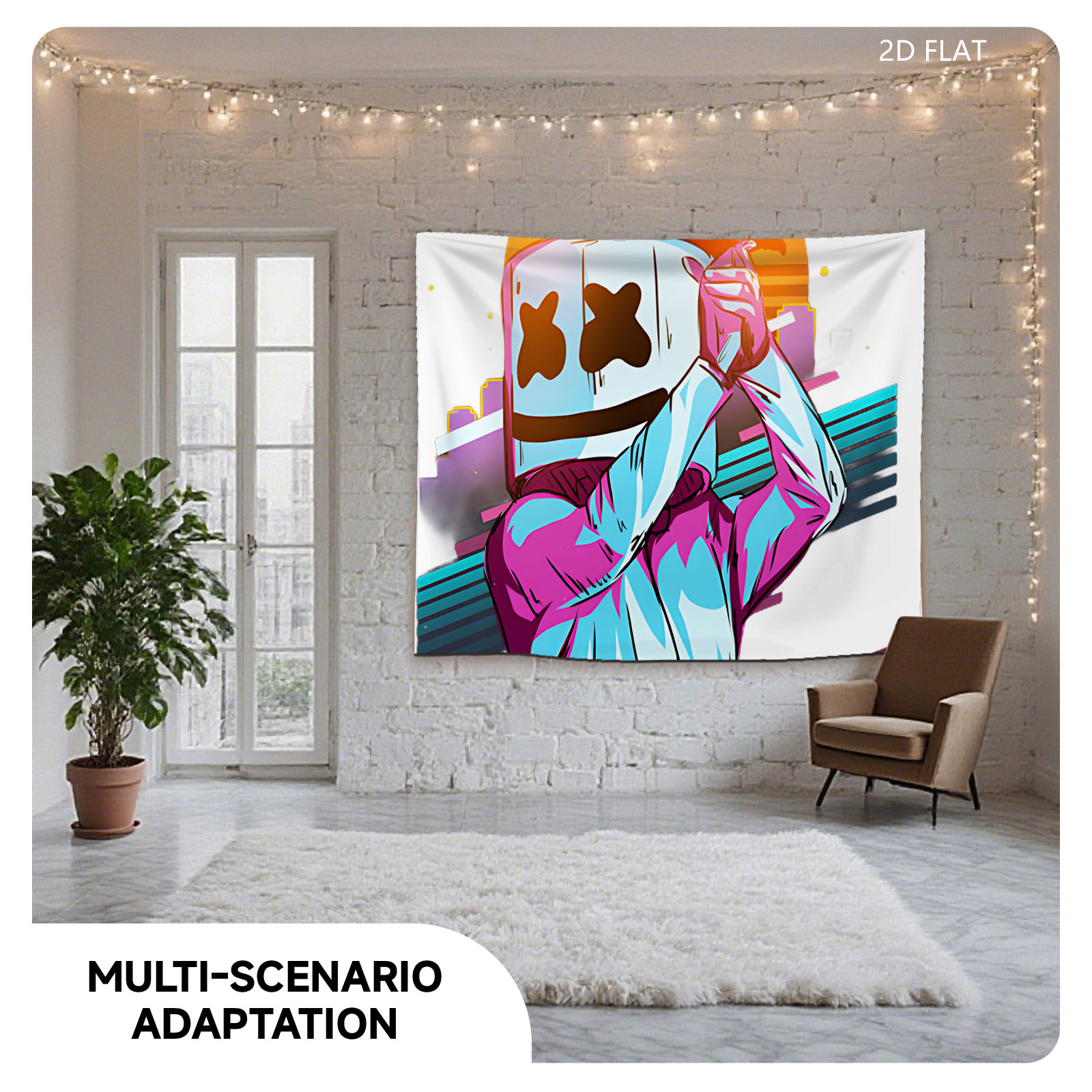 Marshmello in a vibrant neon outfit against a sunset cityscape, holding a phone to his head. - Tapestry