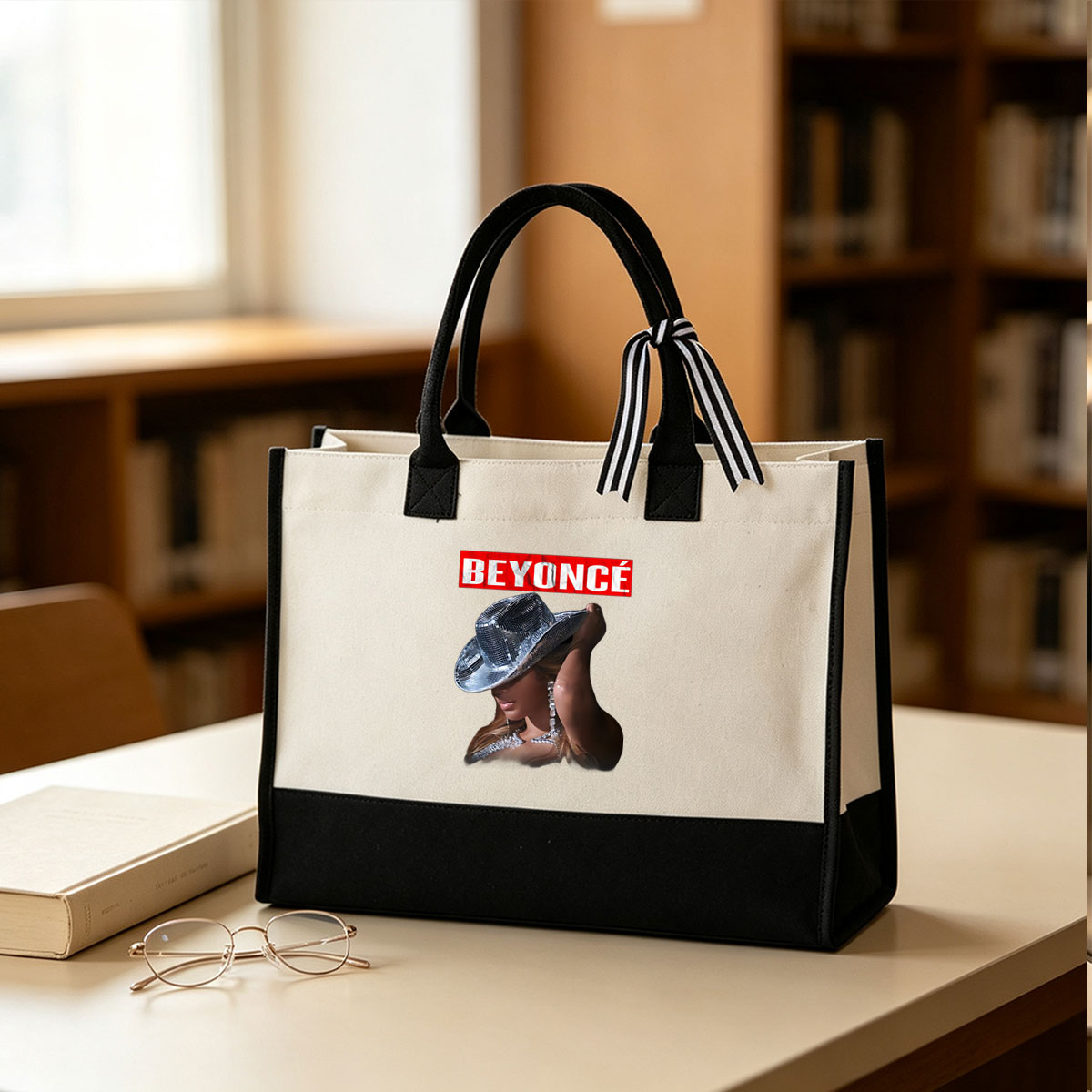 Beyoncé in Sparkling Cowboy Hat and Glittering Outfit - Canvas patchwork gift tote bag