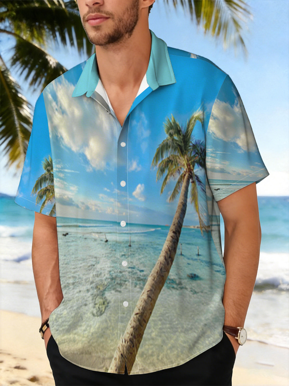 Tropical beach with palm tree leaning over clear blue water under a bright sky. -  Shirt
