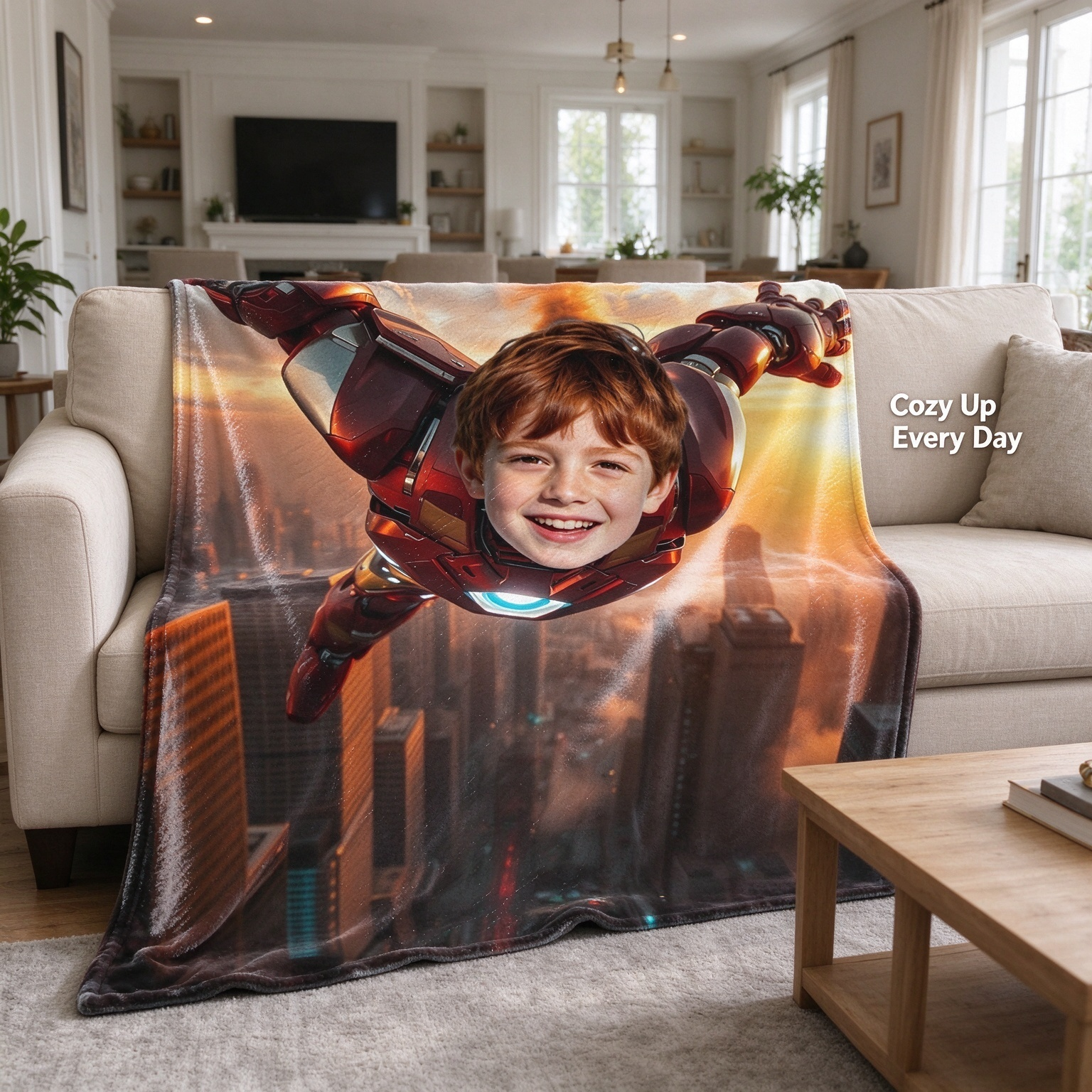 Custom Face Superhero Flannel Blanket, Personalized Photo Plush Throw for Couch and Bed, Unique Birthday Gift