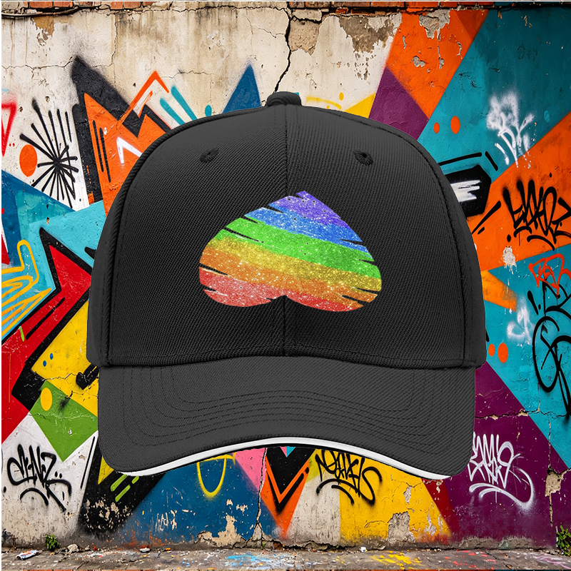 Unisex Classic Sandwich Hat with Rainbow Glitter Heart Print - Perfect for Pride Events, Outdoor Activities, and Casual Wear - Ideal for Adults Seeking Expressive Fashion Statement