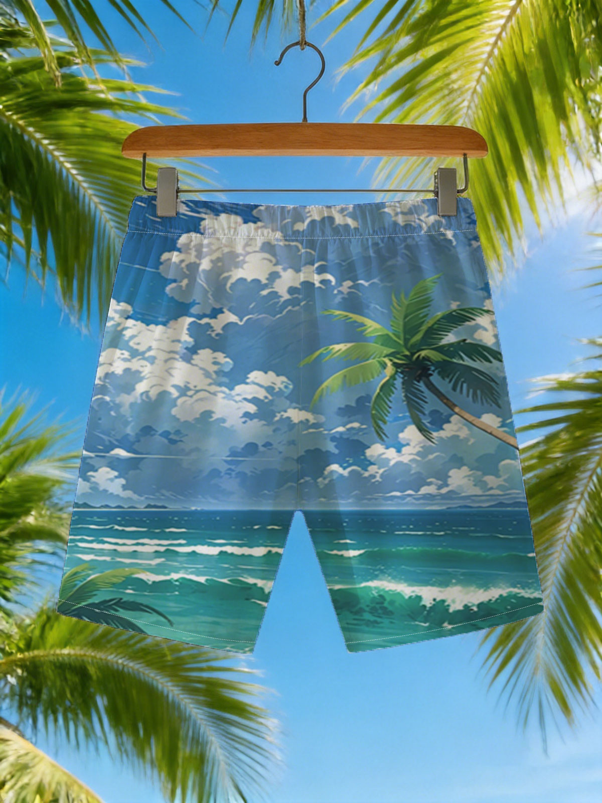 Tropical Beach with Palm Trees and Blue Sky -  Beach shorts