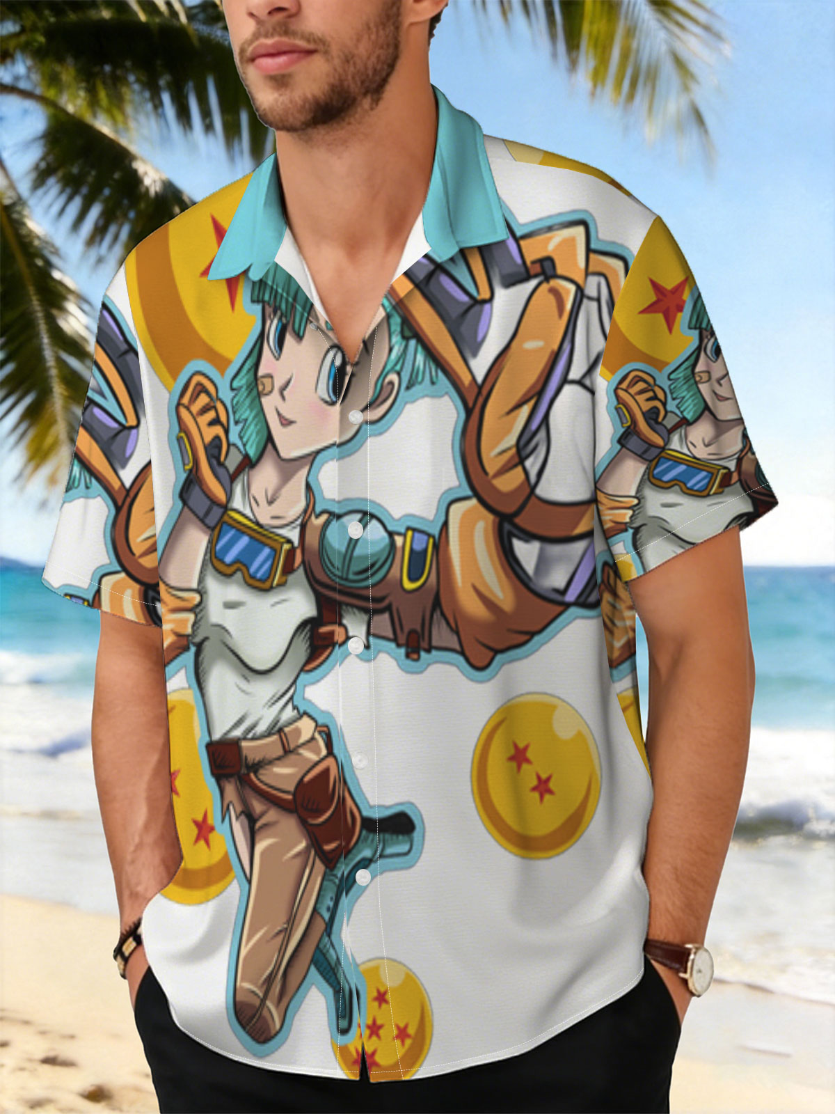 Bulma from Dragon Ball, holding a scouter, surrounded by Dragon Balls -  Shirt