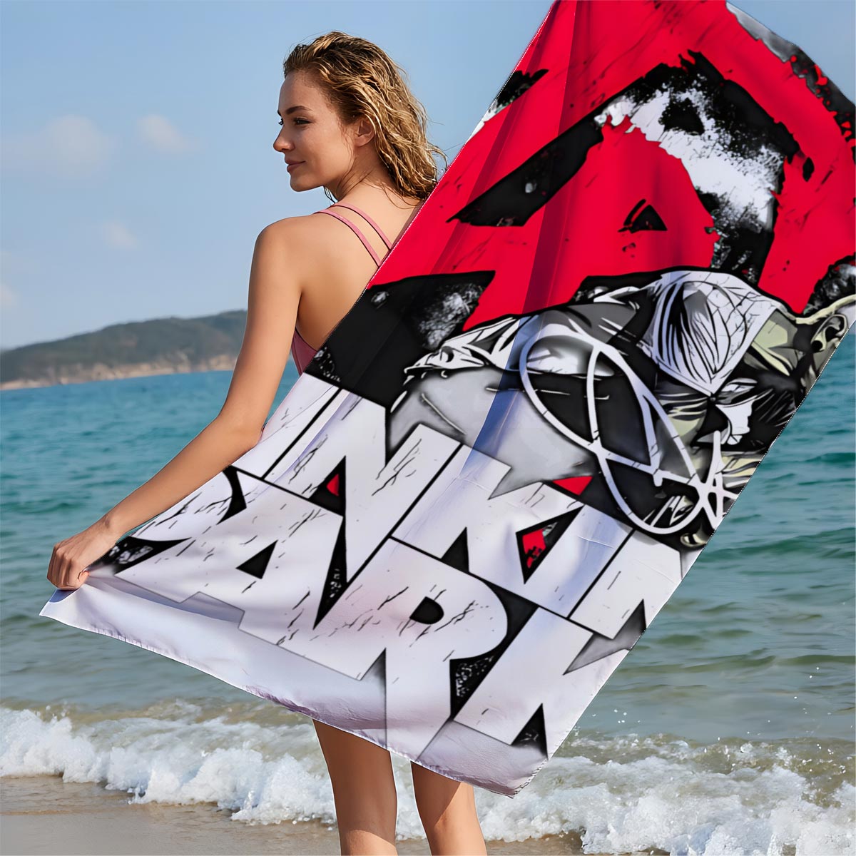 Linkin Park - Chester Bennington Singing with Band Logo - Beach towels