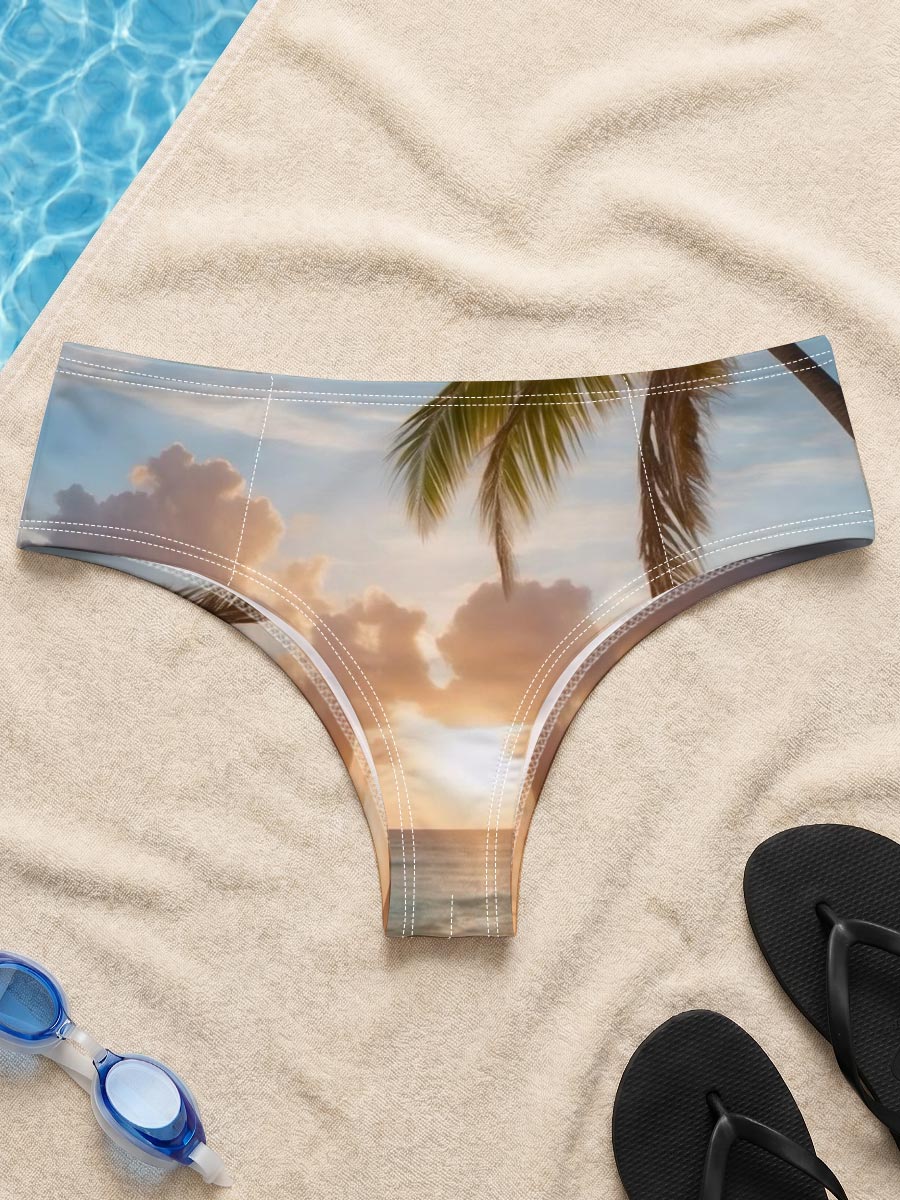 Sunset on a tropical beach with palm trees and calm ocean waves. -  Men's swim trunks