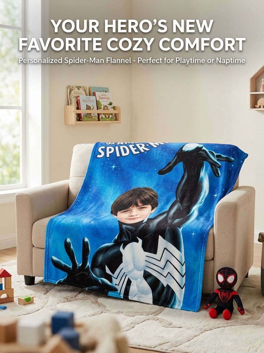 Custom Face Photo Superhero Flannel Blanket Soft Anti Pilling Throw Personalized Comic Gift for Kids Bed and Sofa