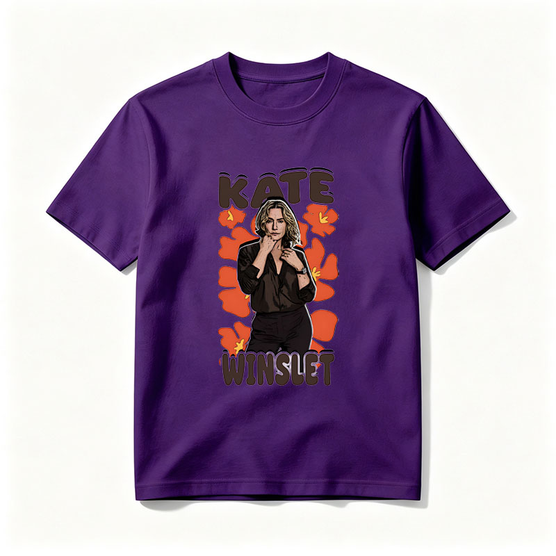 Kate Winslet in a stylish black outfit with floral background - Tee