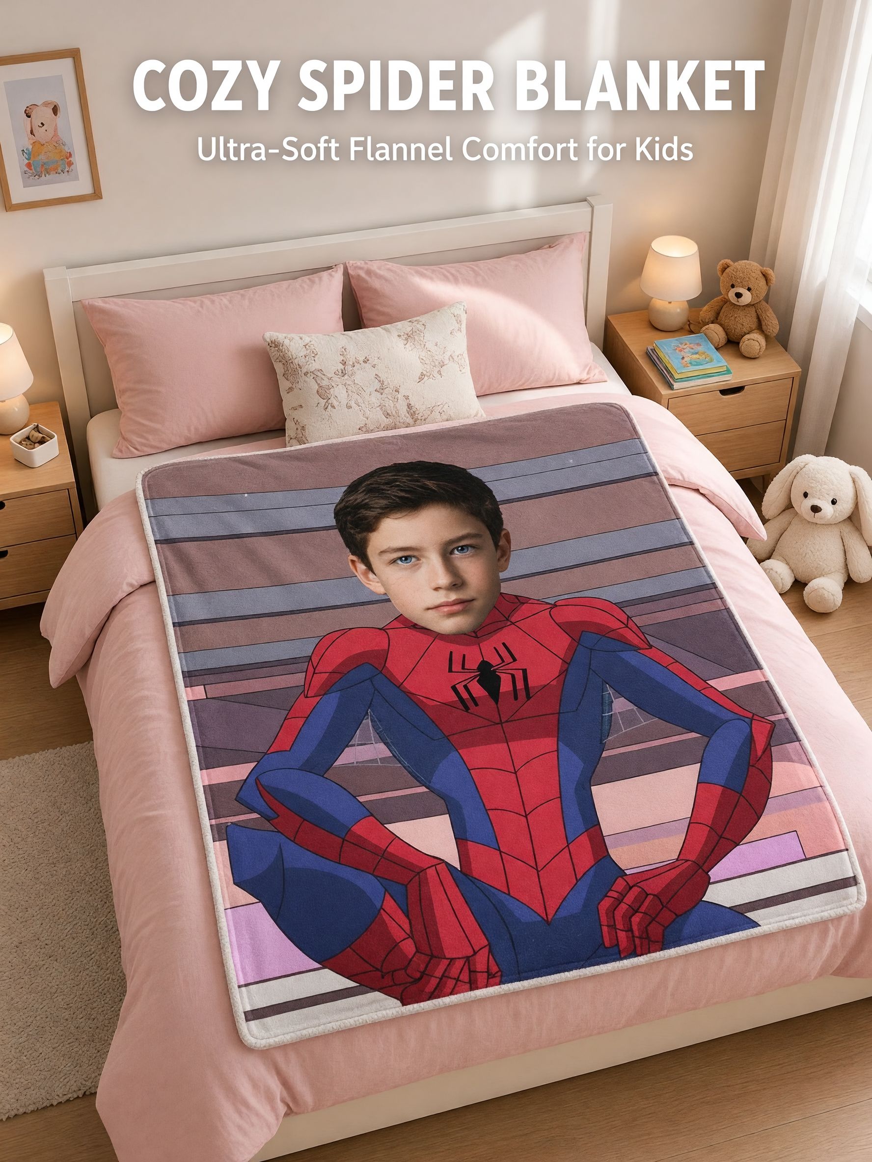 Personalized Photo Face Superhero Flannel Blanket Ultra Soft Cozy Fleece Throw for Kids and Adults Custom Hero Gift