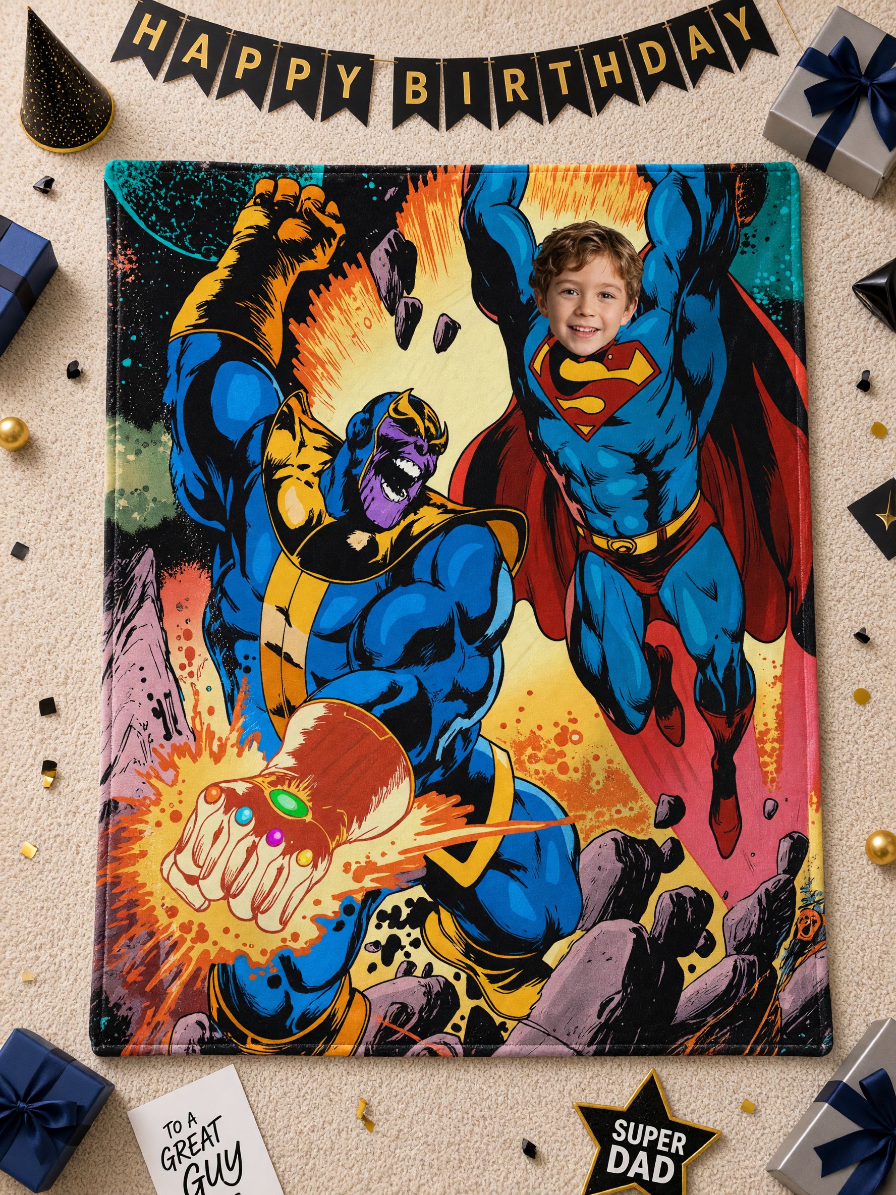 Custom Face Photo Superhero Flannel Blanket, Personalized Soft Comic Throw for Bed and Sofa, Cozy Keepsake Gift