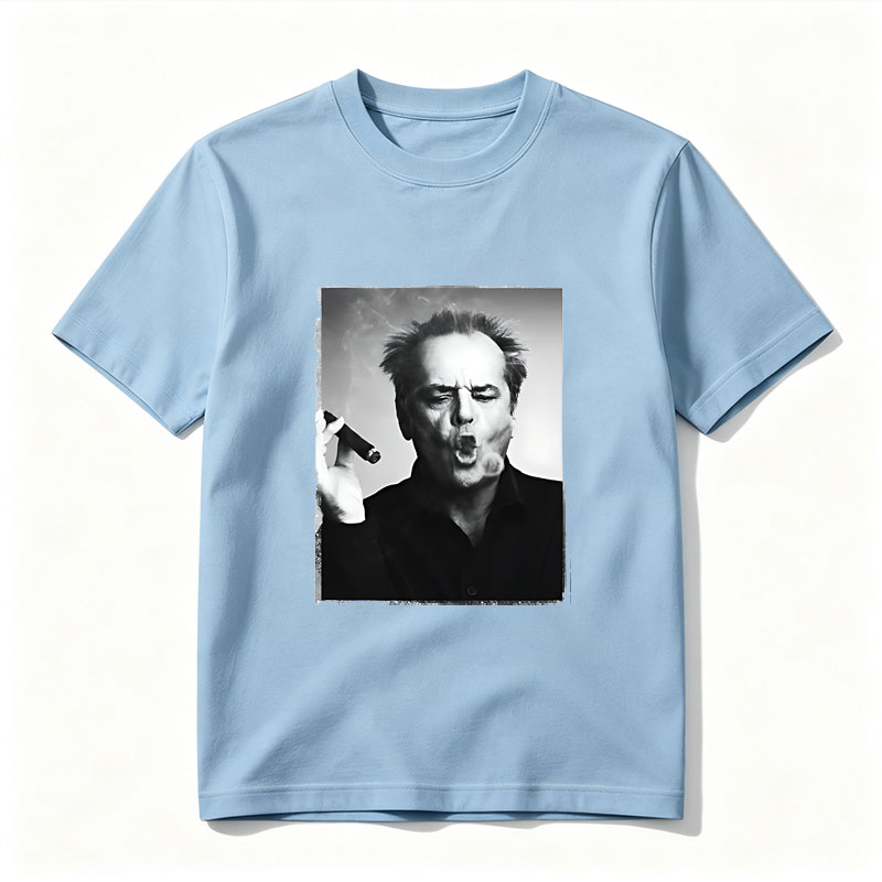 Jack Nicholson smoking a cigar, intense expression, black and white portrait - Tee
