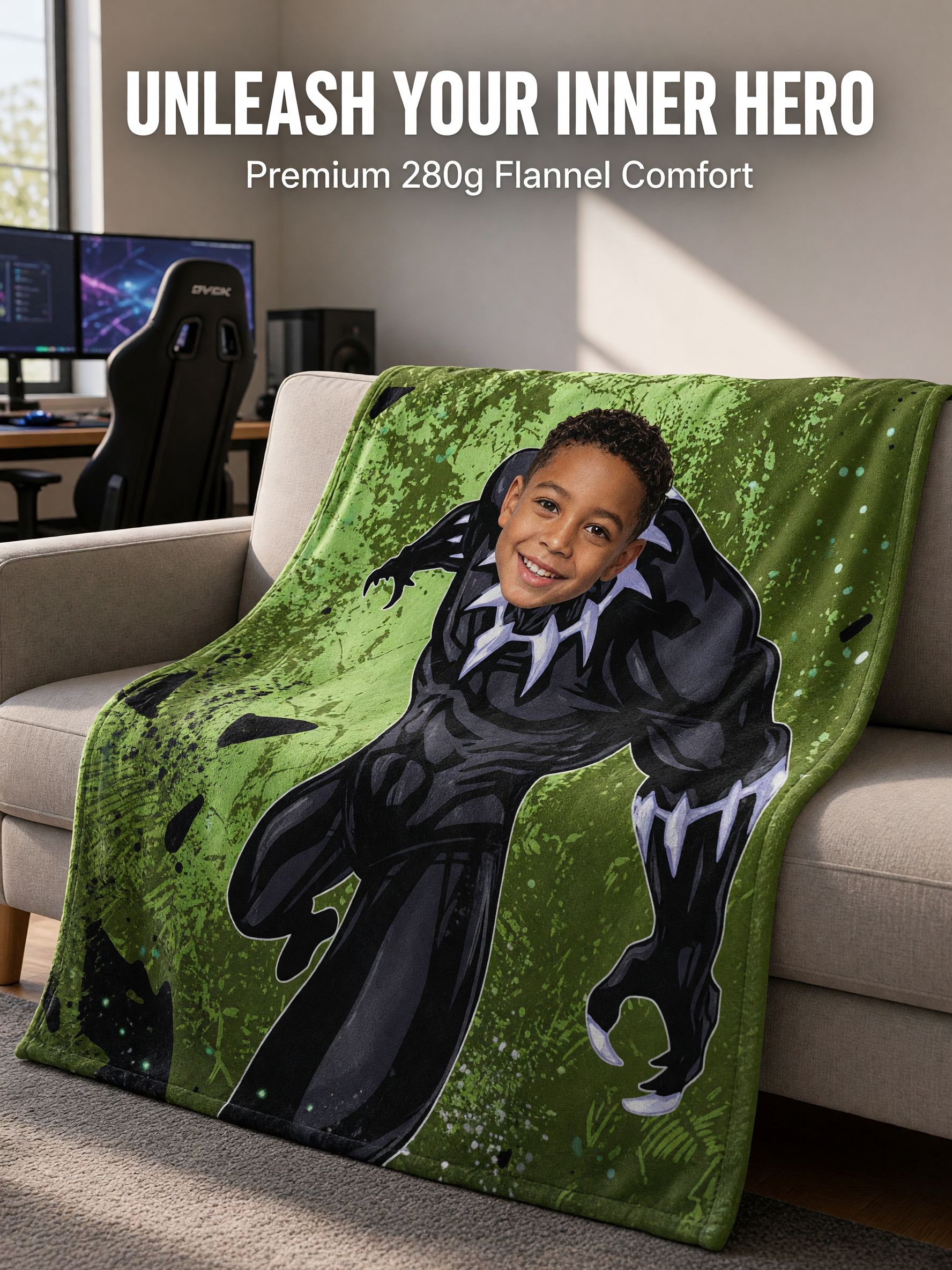 Custom Photo Superhero Flannel Blanket, Ultra Soft Plush Throw with Personalized Face, Cozy Gift for Couch and Bed