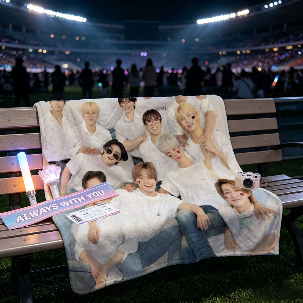 SEVENTEEN Group Photo in White Outfits with Playful Poses and Red Heart Details - Blankets