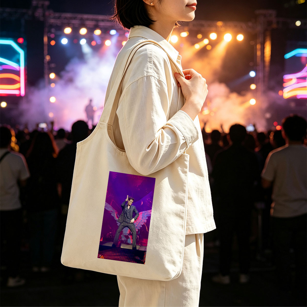 Adam Lambert on Stage in a Striped Suit with Dramatic Wing Props Under Purple Lighting - Canvas shoulder bags/