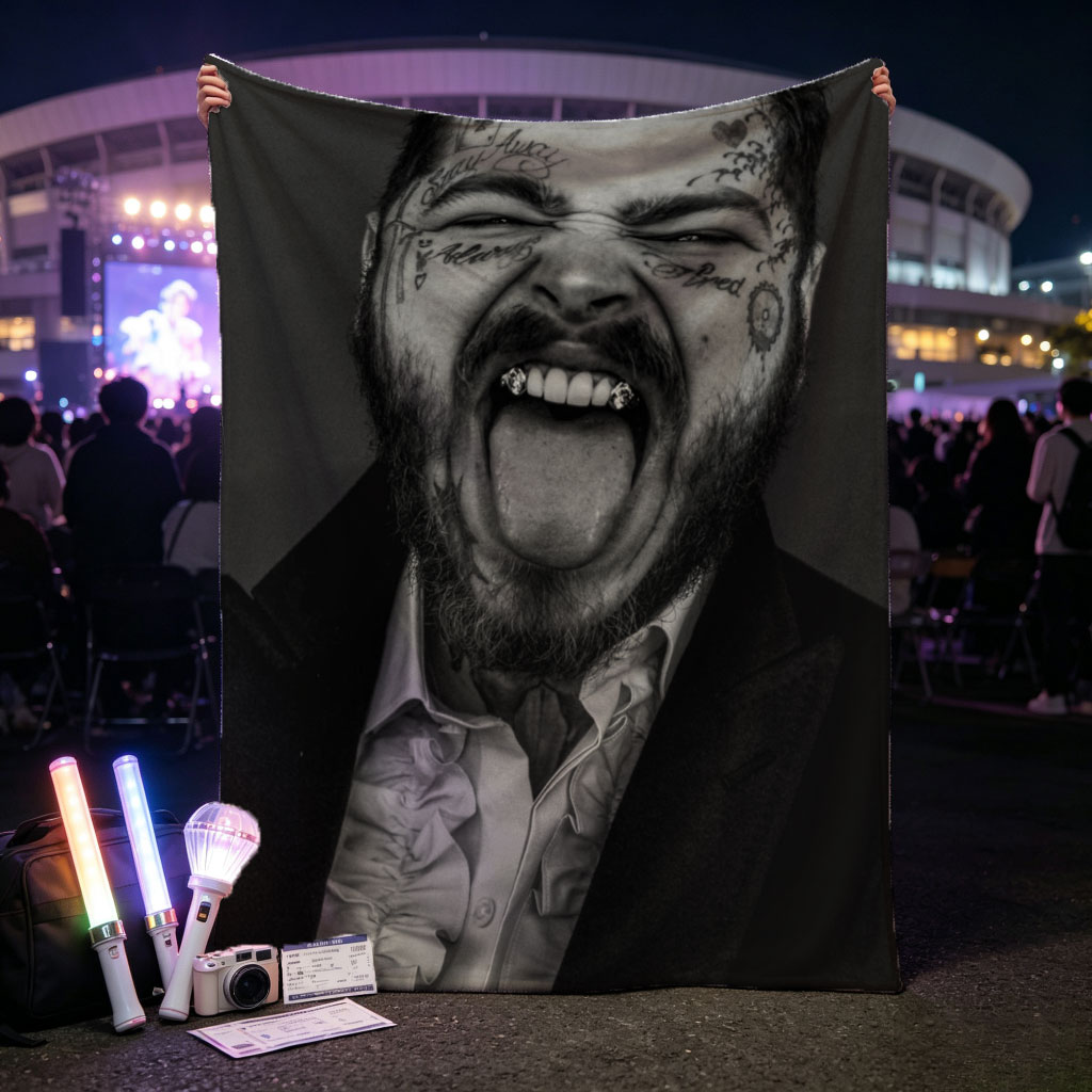 Post Malone Screaming in Black and White Portrait with Facial Tattoos and Suit - Blankets