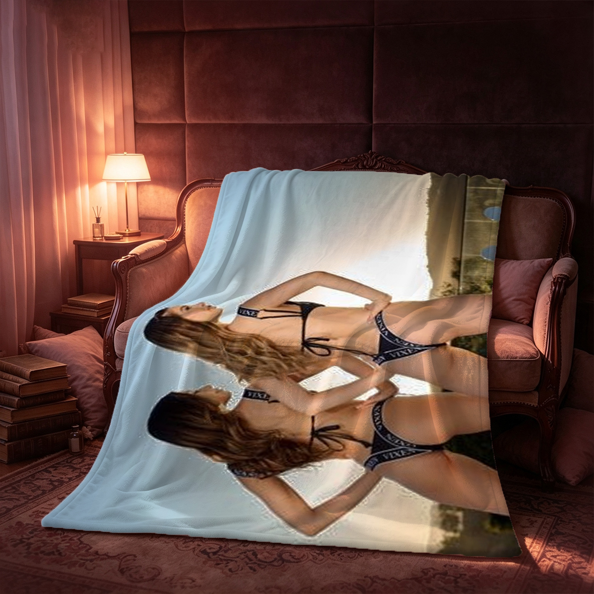 A woman in black lace lingerie and thigh garters lies seductively on a bed holding a feather tickler. - Blanket