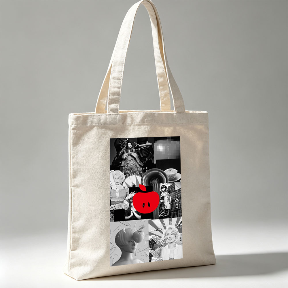 Ringo Sheena in a Retro-Futuristic Collage Featuring Black-and-White Portraits, Vinyl Records, and a Bold Red Apple Logo - Canvas tote bags
