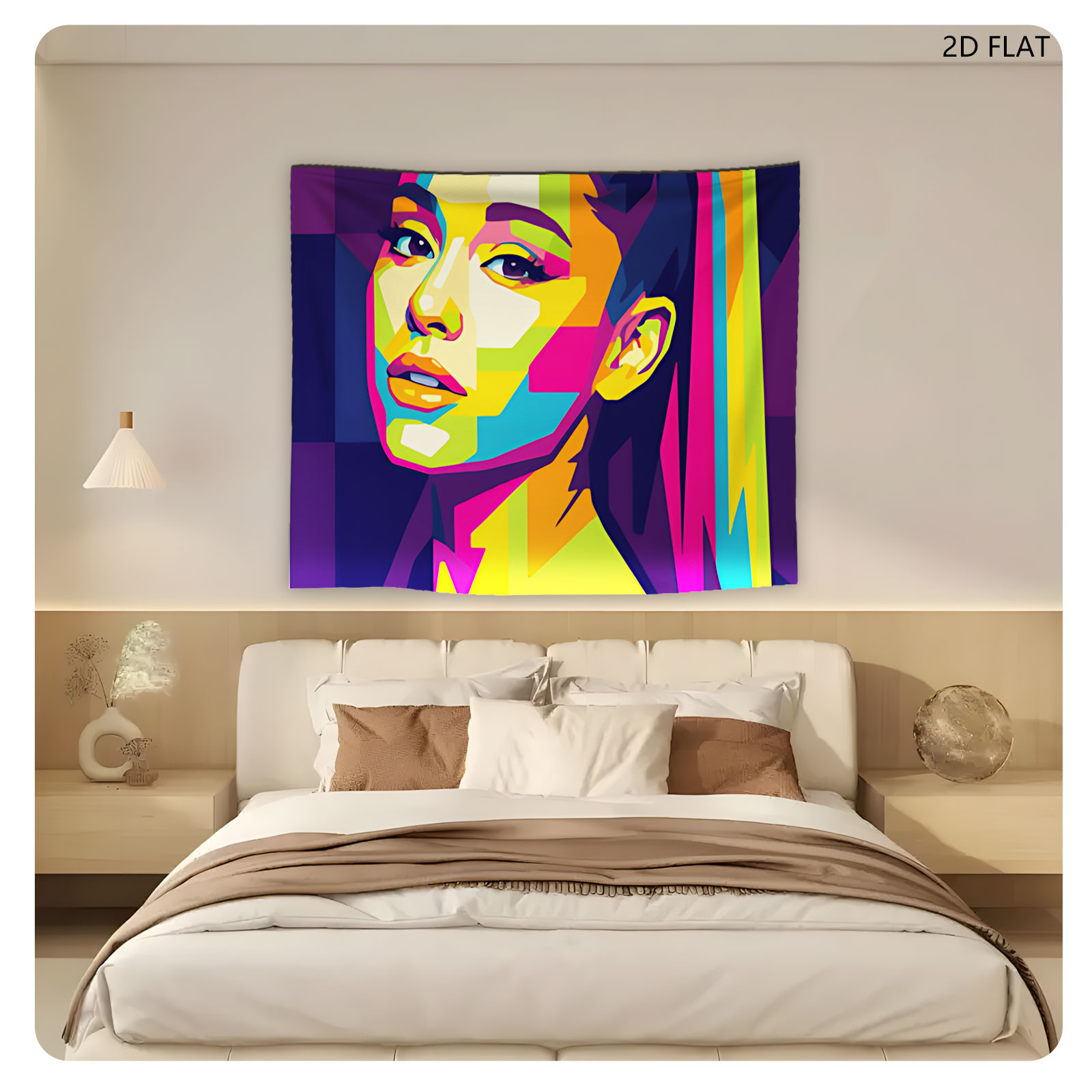 Colorful Pop Art Portrait of a Woman with Vibrant Hair and Geometric Patterns - Tapestry