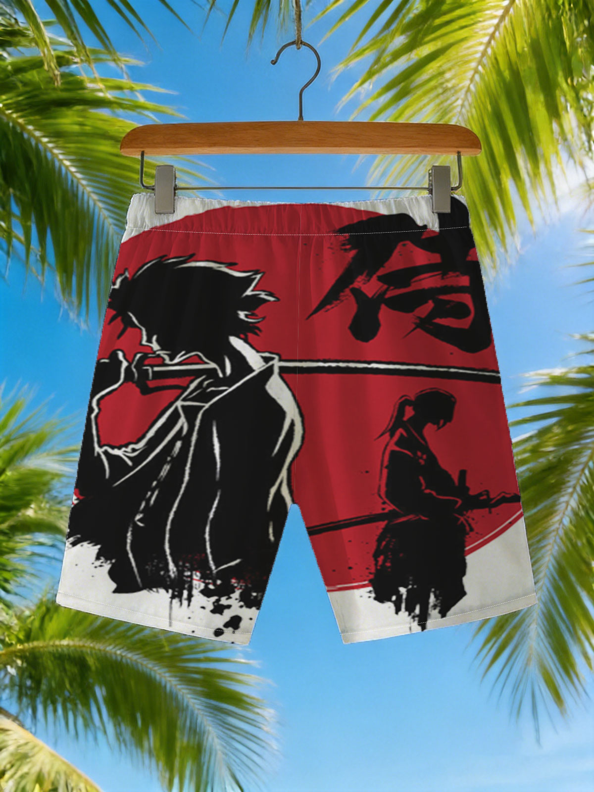 Samurai Silhouettes with Katana Against Red Moon Background -  Beach shorts