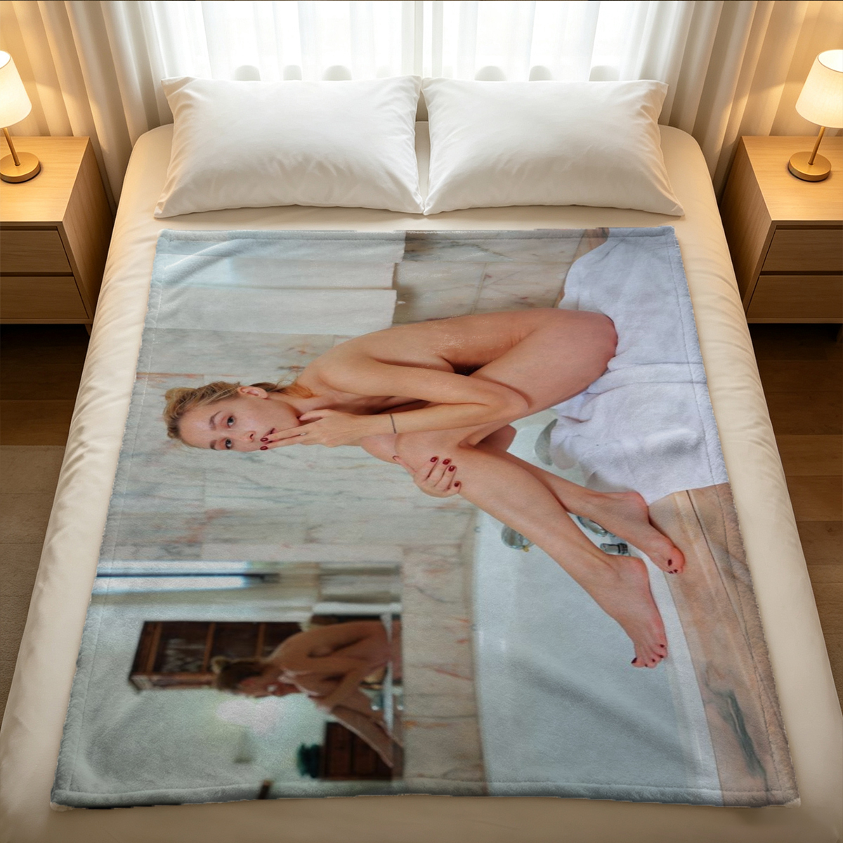Emma Watson in pink lace lingerie, pulling down her bra strap seductively. - Blanket