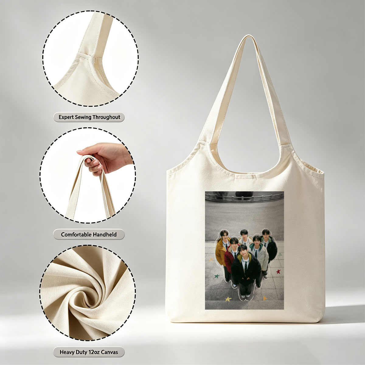 TXT Group in School Uniforms Standing Together Outdoors with Star Accents - Canvas shoulder bags/