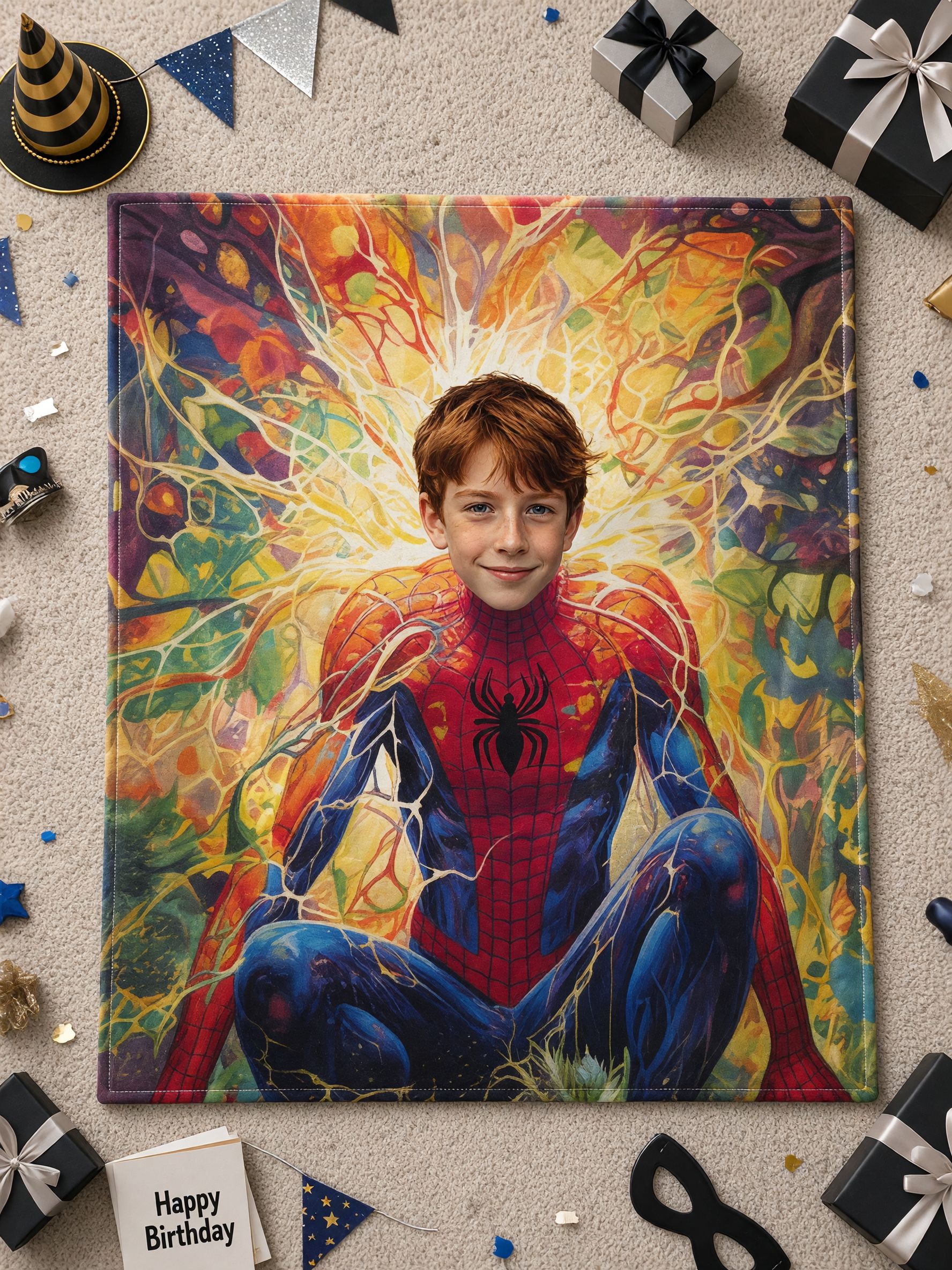 Custom Face Blanket Personalized Superhero Avatar Portrait on Vibrant Stained Glass Art Ultra Soft Flannel Throw Ideal