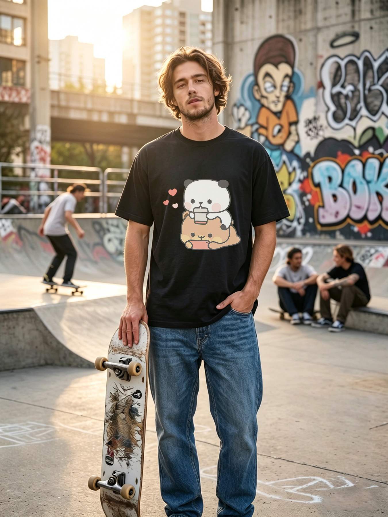 Men's Printed T-Shirt Featuring Cute Panda and Bear with Coffee and Phone Design, Casual Round Neck Lightweight Breathable Summer Short Sleeve Tee for Daily Wear, Office, Travel, and Leisure, Perfect for Young Adults and Trendy Men